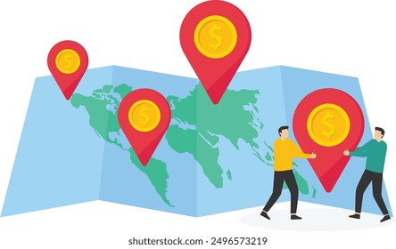 Trabajar juntos para colocar puntos financieros en el mapa, Ilustración vectorial en estilo plano

