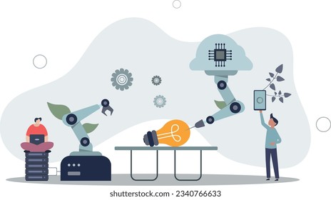 work together with robots to design lamp on conveyor line.flat vector illustration.