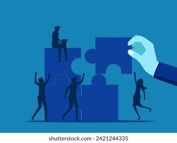 Work together for success. Big businessman connects the last jigsaw puzzle with the business team