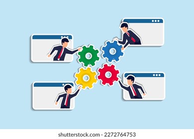 Work together, teamwork or collaboration to solve problem, hybrid work conference call to success together, partnership concept, businessman colleagues connecting gear system together. Paper Cut Style