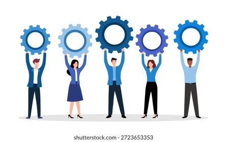 Work together, teamwork or cooperate to success, solution to team support for best efficiency or productivity, development or organization concept, businessman people connect gear cogwheels together.