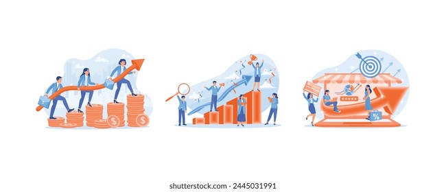 Work together towards success. Celebrating business success. Online business system. Business Growth concept. Set flat vector illustration.