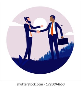 Work together - Two business men of different colour shaking hands on hilltop outside in sun. Teamwork, sale, agreement, and doing business concept. Vector illustration.