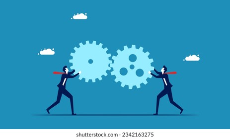 work together Two businessmen connecting gears