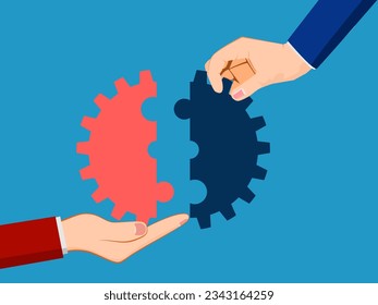 Trabajar juntos. dos manos ensamblan engranajes 