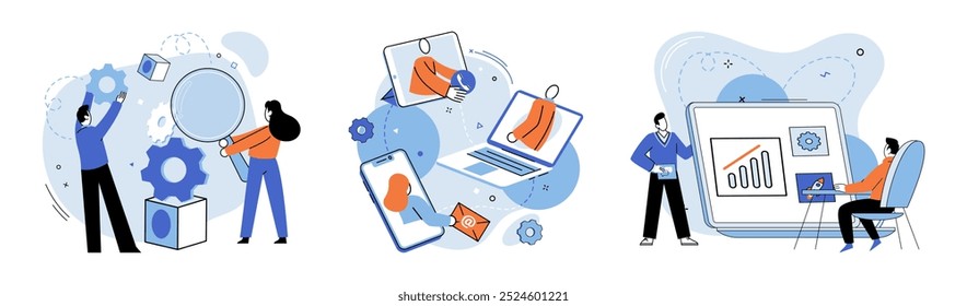 Work together vector illustration. To succeed, individuals must cooperate and collaborate with each other Busy teamwork ensures completion projects on time Employment opportunities increase