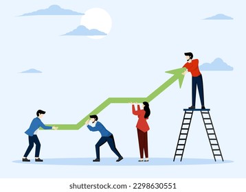 work together or working together to improve efficiency concept, Team growth, team work to help improve work and achieve success, help business people push green graph and up arrow graphic.