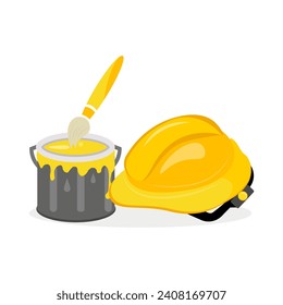 work tool - brush, helmet and bucket with yellow paint on a white background