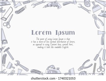 Work tool - horizontal card with text and vector color illustrations of hammer, wrench, screwdriver, pliers, spanner, drill, axe and knife for graphic design