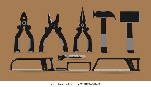 work tool icon set, pliers, knife, hammer and hacksaw, construction tool vector illustration collection