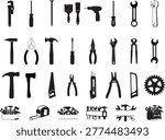 Work Tool Icon Set Vector Black Silhouette Wrench Hammer Repair Bundle