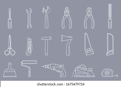 Work tool Icons set - Vector outline symbols of hammer, wrench, screwdriver, pliers, spanner, drill, axe and knife for the site or interface