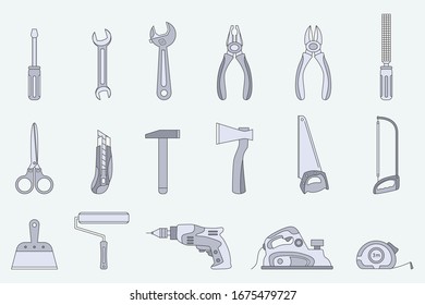 Work tool Icons set - Vector color symbols of hammer, wrench, screwdriver, pliers, spanner, drill, axe and knife for the site or interface