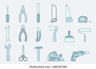 Work tool Icons set - Vector color symbols of hammer, wrench, screwdriver, pliers, spanner, drill, axe and knife for the site or interface