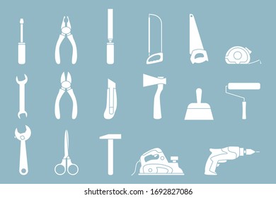 Work tool Icons set - Vector silhouettes of hammer, wrench, screwdriver, pliers, spanner, drill, axe and knife for the site or interface