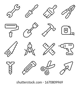 Work tool line icon, industrial instrument. Workplace kit to aid workers and employees, professional workshop equipment collection. Vector tool illustration
