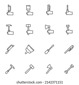 Work tool line icons set, outline vector symbol collection, linear style pictogram pack. Signs, logo illustration. Set includes icons as hand with screwdriver, wrench, spanner, axe, hammer, paintbrush