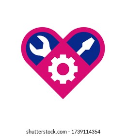 Work tool logo concept. Heart shaped wrench and screwdriver. Repair and service equipment