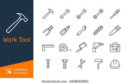Work tool thin line icons. Editable stroke. Pixel perfect.
