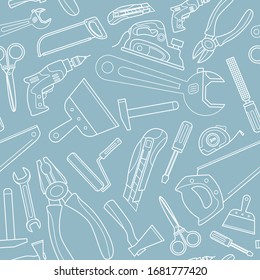 Work tool - Vector background (seamless pattern) of hammer, wrench, screwdriver, pliers, spanner, drill, axe and knife for graphic design