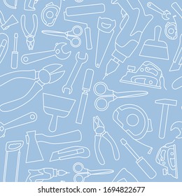 Work tool - Vector background (seamless pattern) of hammer, wrench, screwdriver, pliers, spanner, drill, axe and knife for graphic design