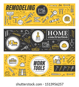 Work tool vector icons. Repair and construction DIY, renovation equipment. Screwdriver and toolbox, helmet and trowel, spanner and paint, pliers, saw and hacksaw, ax, file, hammer, nails and drill