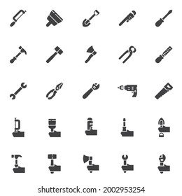 Work Tool Vector Icons Set, Modern Solid Symbol Collection, Filled Style Pictogram Pack. Signs Logo Illustration. Set Includes Icons As Plumbing Wrench, Carpentry Pliers, Hand Saw, Screwdriver, Hammer