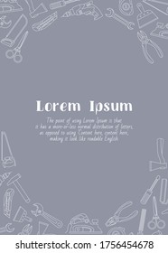 Herramienta de trabajo - tarjeta vertical con texto y contorno vectorial ilustraciones de martillo, llave, destornillador, alicates, spanner, taladro, hacha y cuchillo para diseño gráfico