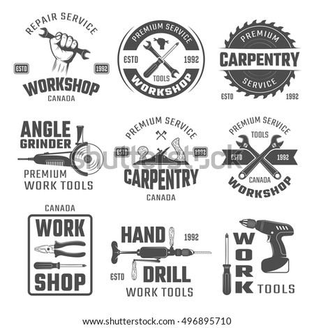 Work tools black white emblems with wrench plane and hand drill pliers and gringer isolated vector illustration
