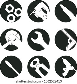 Work Tools. Black and white round icons with tool silhouettes: nuts, jigsaw, utulity knife, angle grinder, wrench, corner ruler, screwdriver, end cutting pliers, hot glue gun.