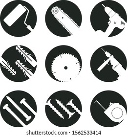 Work Tools. Black and white round icons with tool silhouettes: paint roller, power saw, power screwdriver, plastic dowels, circular saw blade, hammer drill, screws, roulette.