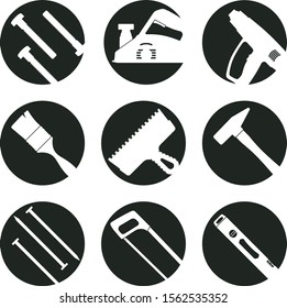 Work Tools. Black and white round icons with tool silhouettes: bolts, electric planer, hot air gun, paintbrush, glue spatula, hammer, nails, hacksaw, spirit level.