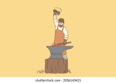 Work and tools of blacksmith concept. Young man blacksmith cartoon character with beard in apron standing working with hot iron vector illustration 