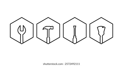 Work tools as building, repair, renovation, maintenance and facility management concept. Wrench, hammer, screwdriver, paintbrush in simple line art.