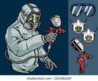 Herramientas de trabajo del concepto de pintor de coches colorido con gafas de seguridad, máscaras respiratorias, fusil de pulverización y obrero en traje de hazmat contra fondo azul, ilustración vectorial