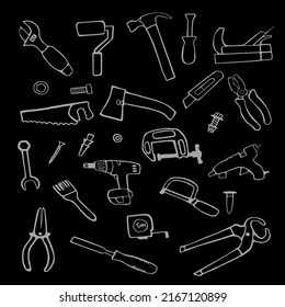 Work tools chalk sketch icons. Engineer drawing style. Vector illustration
