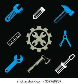 Work tools collection, vector repair instruments for carpentry and manufacturing. Set of elements, for use in graphic design.