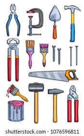 Work tools color sketch icons. Vector isolated set pliers, vise or cutter and saw, paint brush or hammer or nail puller and screwdriver with nails for construction, building carpentry and home repair