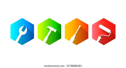 Work tools as colorful icons. Tilted tool and icon set with wrench in blue, hammer in green, screwdriver in orange and paintbrush in red color.