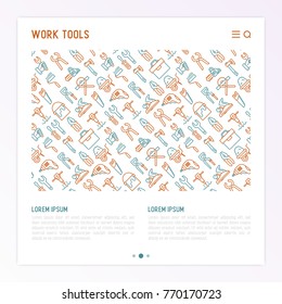 Work tools concept with thin line icons: puncher, drill, wrench, plane, toolbox, wheelbarrow, saw, pliers, sawing machine. Modern vector illustration of building equipment for web page or print media.