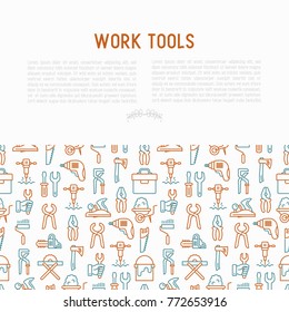 Work tools concept with thin line icons: puncher, drill, wrench, plane, toolbox, wheelbarrow, saw, pliers, sawing machine. Modern vector illustration of building equipment for web page or print media.