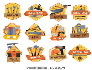 Work tools construction, house repair, building and renovation DIY toolbox, vector icons. Home remodeling work tools, carpentry hammer, woodwork saw and painting brush, masonry saw and drill