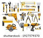 Work tools, construction instruments for repair, woodworking and renovation, vector flat isolated yellow set. Home remodeling, carpentry and masonry building tools, electric drill, screwdriver and saw