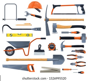 Work tools and diy isolated vector instruments. Garden and carpentry items, construction and woodwork accessories. Plastering and building, helmet and spade, measure ruler, hammer and screw