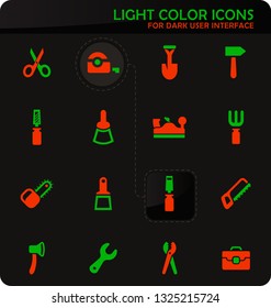 Work tools easy color vector icons on dark background for user interface design