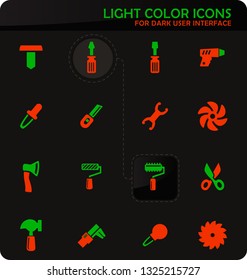 Work tools easy color vector icons on dark background for user interface design