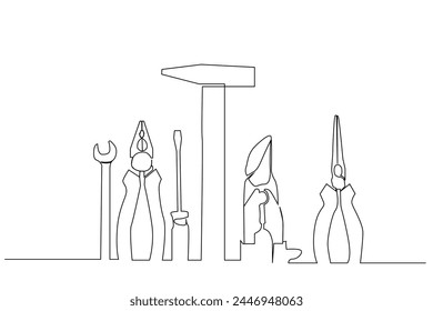 herramientas de trabajo alicates de martillo conjunto de destornillador equipo de grupo una línea arte diseño Vector