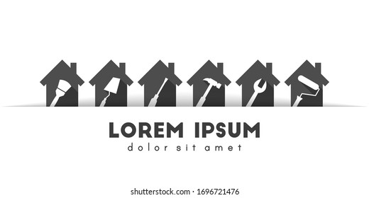 Work tools and home improvement concept. Rotated working tool icons inside the houses. Vector illustration in flat design.