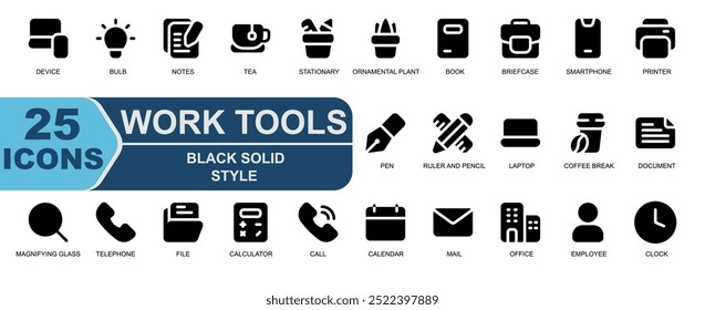 work tools icon set 25.solid black style.contains journal,briefcase,smartphone,printer,pen,writing,ruler and pencil,laptop,coffee break,coffee cup,document,paper.and many more.
