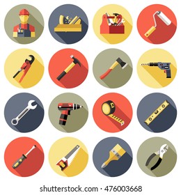 Work tools icon set in colored circles with working tools for construction and repair vector illustration